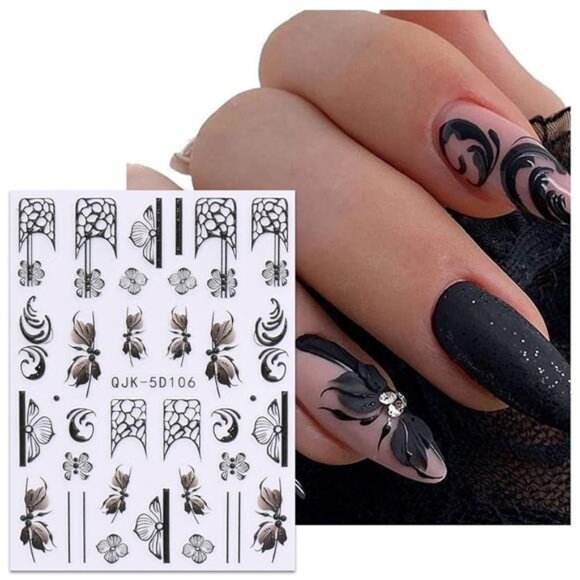 3D Embossed Flower Black White Nail Art Stickers 4 Sheets - Picture 3 of 8